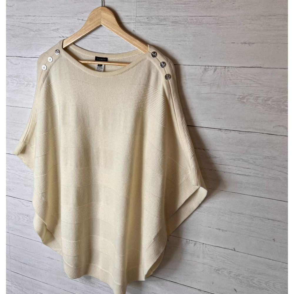 Talbots Sweater Womens Size Small Ivory Poncho Nautical Buttons Cape Lambs Wool - Picture 4 of 16